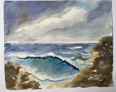 Arte assinada Diana P. Lewis aquarela original paisagem marítima ondas oceânicas 11,5x14” - Imagem 1 de 4