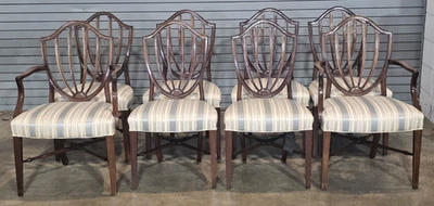 Set of 8 Baker Mahogany Federal Style Shield Back Dining Chairs Silk Fabric  - Image 1 of 4