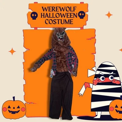 Werewolf Halloween Costume For Adults With Mask Shirt & Pants - Brown Fur & Plai - Image 1 of 4