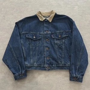 Vtg Levis Denim Jacket Leather Collar Mens Small 90s Trucker Dark Wash Button Up - Picture 1 of 24