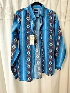 Wrangler Shirt Sz XXL Blue  Classic Fit Southwestern Pearl Snap Checotah NWT - Picture 1 of 6