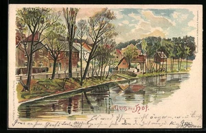 Lithographie Hof, Flusspartie im Ort  - Picture 1 of 2