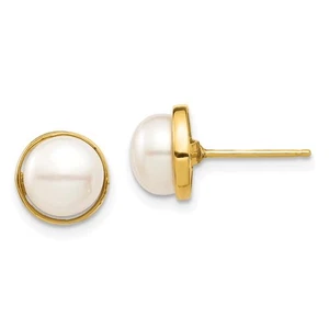 14k Yellow Gold 7-8mm White Button Freshwater Cultured Pearl Post Stud Earrings - Picture 1 of 5