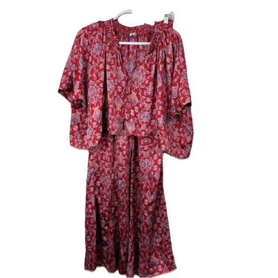 Free People Misty Mornings Пижама Атласный Комплект Размер Med Красный Цветочный Комбинированный Верх Низ - Изображение 1 из 4