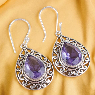 Natural Iolite Purple Gemstone Earrings 925 Sterling Silver Handmade Jewelry BO - Image 1 of 4
