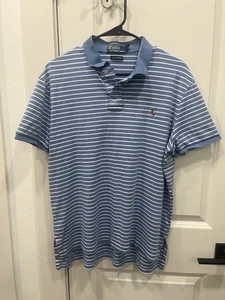 Polo Ralph Lauren Pima Interlock Blue & White Striped Polo Womens Sz Large - Picture 1 of 15