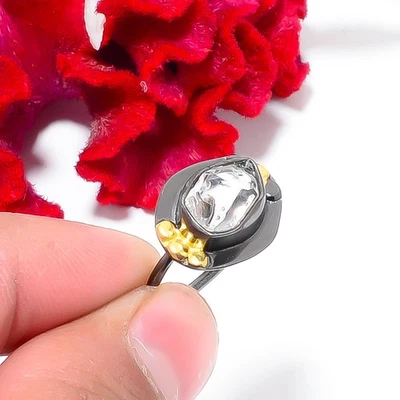 Anillo Herkimer Diamante Cuarzo Chapado en Oro Negro Plata de Ley 925 S.8.5 R51 Foto 1 de 4