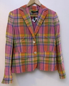 Lauren Ralph Lauren Blazer Women's 6  Multicolor Plaid 100% Linen Lined Pockets - Picture 1 of 9