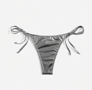 Shiny Silver Metallic Foil Side Tie Bows Bikini Swimsuit Bottoms Sz L - Picture 1 of 8