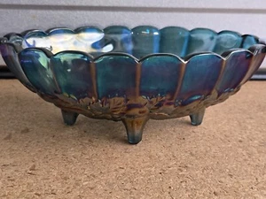 Vtg Iridescent Blue Carnival Glass Footed Oval Fruit Bowl Harvest Pattern - Picture 1 of 16