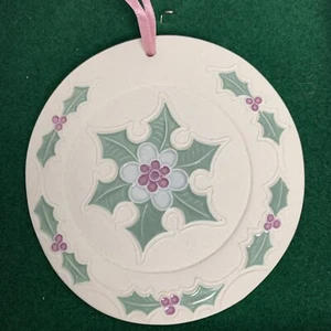 Stoneware Christmas Holly Painted Ornament Vintage Embossed - Picture 1 of 3