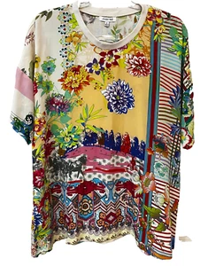 Johnny Was Top sz M Aztec Horse Floral Short Sleeve Shirt Silk Crew Neck Tunic - Picture 1 of 7