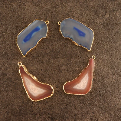 Natural Handmade Agate Slice Yellow Gold Plated DIY Supply Connectors Lot 2 Pair — 第 1/3 张图片