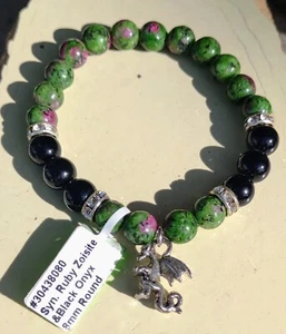 Nuevo brazalete elástico con cuentas de ónix negro ónix 8 mm teñido de fuerza de dragón - Imagen 1 de 2