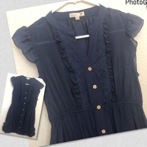MINE Women Juniors Medium Navy Blue Tunic Blouse Buttons Sheer Lightweight NWOT - Picture 1 of 16