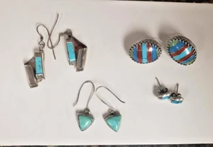 4 PAIR NATIVER AMERICAN STERLING SILVER TRUQUOISE EARRINGS (YTP026391) - Picture 1 of 6