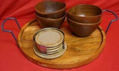 Wooden Tray with metallic handles & 4 wooden Bowls with stands. Tag G209 - Image 1 of 4