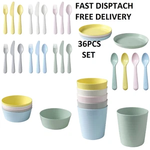 36 Pc IKEA Kids Pastel Plastic Bowls Plates Cutlery Set  *FREE P&P* - Picture 1 of 7