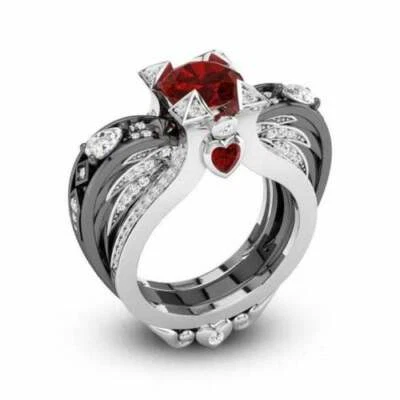 Juego de anillos potenciadores de ala de ángel granate rojo corte redondo de 1,75 quilates para mujer en plata 925 Foto 1 de 4