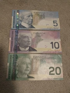 ONE EACH Canadian 20 10 5 Dollar Bill Paper Money ~2000s Old Vintage Banknotes $ - Bild 1 von 2