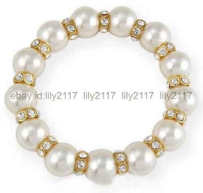 Brazalete elástico con cuentas de diamantes de imitación de cristal dorado perla blanca de 8-14 mm 7,5"" Foto 1 de 4
