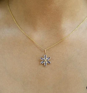 Tanzanita Natural Diamante 10kt Oro Macizo Cadena Delicado Flor Collar 16” Long - Imagen 1 de 2