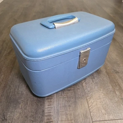 Vintage Travel Joy Train Case Blue 1960s Make Up  Carry-On Luggage w/ Mirror - Image 1 of 4