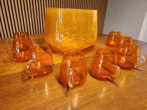 Mid Century 1960s Blenko Glass Orang Thumbprint Punch Bowl With 8 Cups - Picture 1 of 10