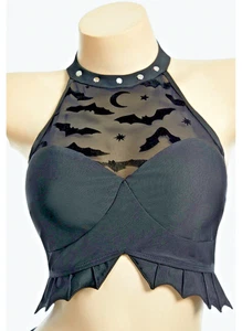 Traje de baño Meowcos gótico negro murciélago Top XL Halter Tachonado Malla Punk Bruja Festival - Imagen 1 de 6