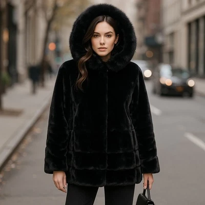 Gallery New York 黑色人造毛皮连帽外套毛绒柔软冬季夹克 M — 第 1/4 张图片
