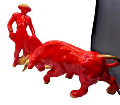 Vintage MCM Bull & Matador Ceramic Figures Red & Gold - Read - Image 1 of 4