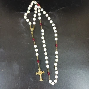 Vintage Chaplet Rosary Necklace Gold tone Iridescent Glass Lozenge Beads - Picture 1 of 6