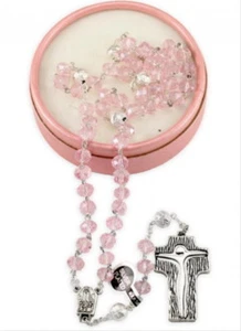 NEW MADE IN PORTUGAL PINK CZECH CRYSTAL OUR LADY OF FATIMA ROSARY GIFT BOXED - Picture 1 of 1