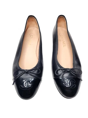 Bailarina clásica Chanel de cuero cambón negro arco plano logotipo CC talla 37,5 Foto 1 de 4