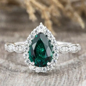 4.02Ct Pear Cut Natural Emerald & Diamond Engagement Ring 18K White Gold Plated - Picture 1 of 16