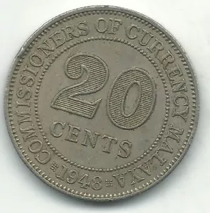 VINTAGE VERY NICE HIGH GRADE XF 1948 MALAYSIA - MALAYA 20 CENTS-DEC043 - Picture 1 of 2