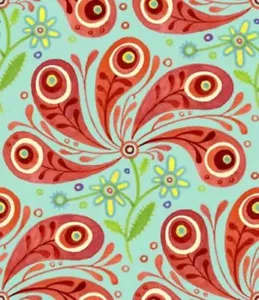 Azuli Peacock Feathers Red Quilt Fabric - Free Shipping - 1 Yard - Picture 1 of 1