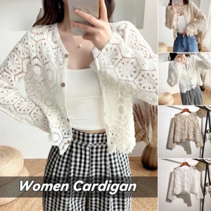 Long Sleeve Crochet Knit Cardigan Summer HollowOut Air Conditioning Jacket Women - Picture 1 of 25