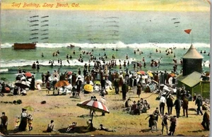 Postal de colección para surfear y tomar el sol en Long Beach California CA publicada en 1911 - Imagen 1 de 3