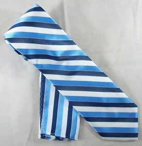 JOHN BLAIR Blue & White Stripes Microfiber Neck Tie & Pocket Square 57"L (E810) - Picture 1 of 3