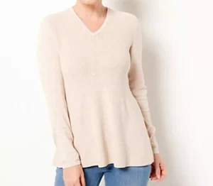 Isaac Mizrahi Live! V-Neck Shaker Stitch Swing Sweater HtherBuffBeige XS New - Picture 1 of 1