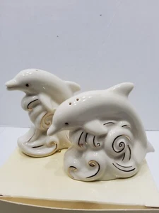 Lenox Ivory Fine China With Gold Accents  Dolphin Salt & Pepper Shakers 3"X3" - Picture 1 of 6