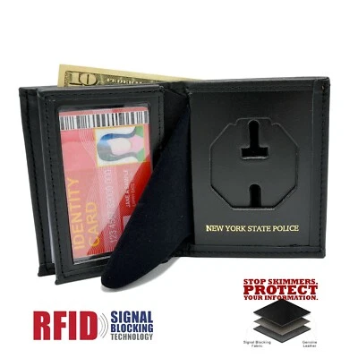 NYSP RFID Block Badge Wallet NY State Police Leather Bi Fold Black Perfect Fit - Image 1 of 4