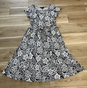 Perceptions New York Women XLarge Scroll Puff Print Fit Flare Dress Black White - Picture 1 of 19