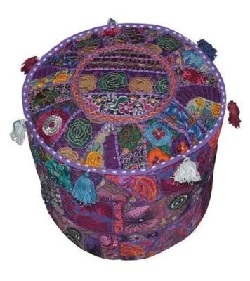 Indian Embroidered Round Floor Cushion Pillow Purple Pouf Cover Home Decorative - Image 1 of 3