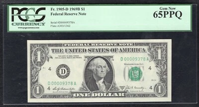 FR. 1905-D 1969-B $1 FRN “LOW S/N D0009378A” PCGS GEM UNCIRCULATED-65PPQ - Image 1 of 2