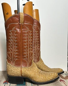 Men's Vintage Tan Tony Lama Shrunken Shoulder Cowboy Boots Sz. 7D Worn ONCE MINT - Picture 1 of 12