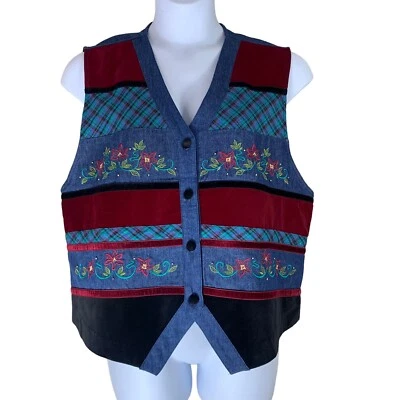 Chaleco Denim Talla XL Abotonado Atar Atrás Floral Terciopelo Acentos Valle de Napa NUEVO Foto 1 de 4