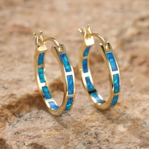 Dainty Blue Fire Opal Huggie Hoop 18K Gold Plated Birthstone Retro Hoop Earrings - Picture 1 of 4