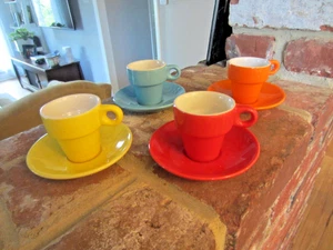 Vtg Pier 1 Demitasse Espresso Rainbow Coffee Cups Saucers 4 Sets Yellow Blue Red - Picture 1 of 6
